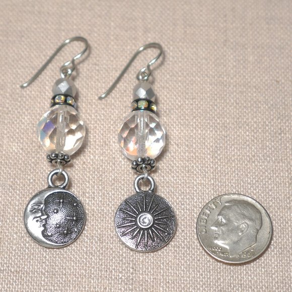 Hand Crafted Handmade Earrings Iridescent Moon & Stars Pewter Long Earri… - Picture 3 of 5